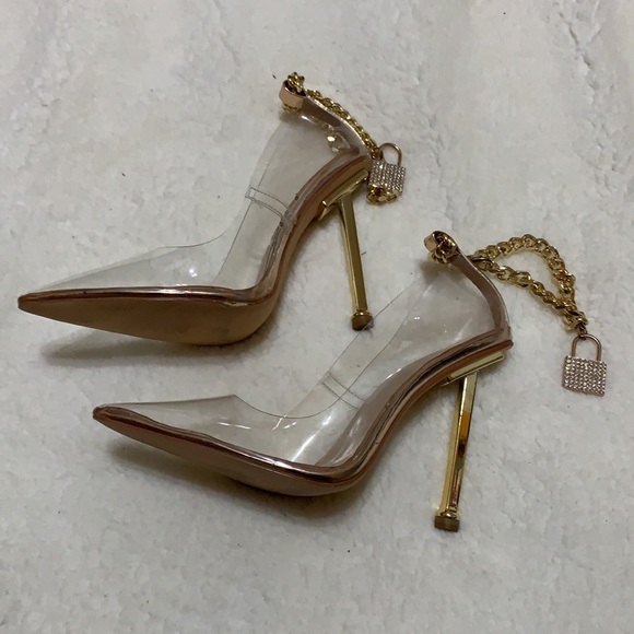 Clear Pointed Toe Metal Chain Lock High Metal Heels Stiletto Pumps - Picture 7 of 9